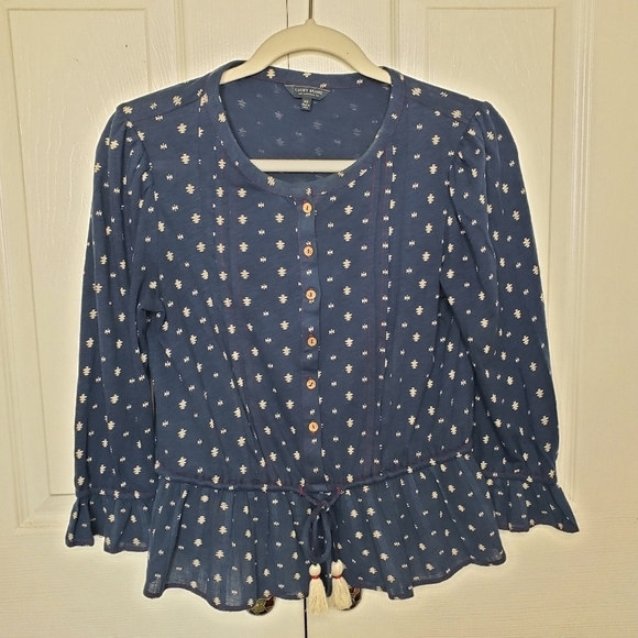 Lucky Brand Hoho Tie Waist Tassel Top Peblum Pintuck Prairie Southwest Print XS - Picture 15 of 15